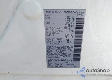 2017 Nissan Rogue Sv z USA, uszkodzony, nr VIN 5N1AT2MV3HC892618